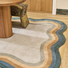 Frago Organic Wavy Border Rug | Blue, Mustard & Ivory Modern Area Rug