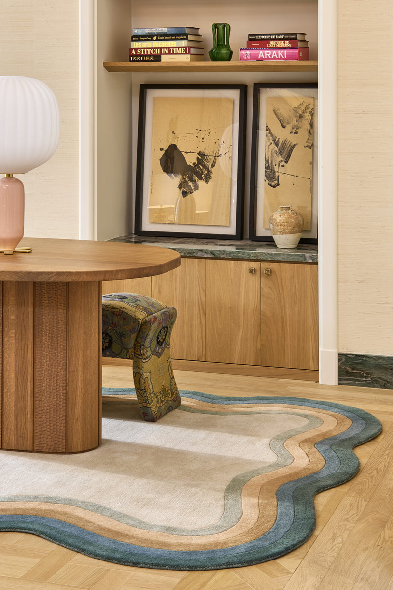 Frago Organic Wavy Border Rug | Blue, Mustard & Ivory Modern Area Rug
