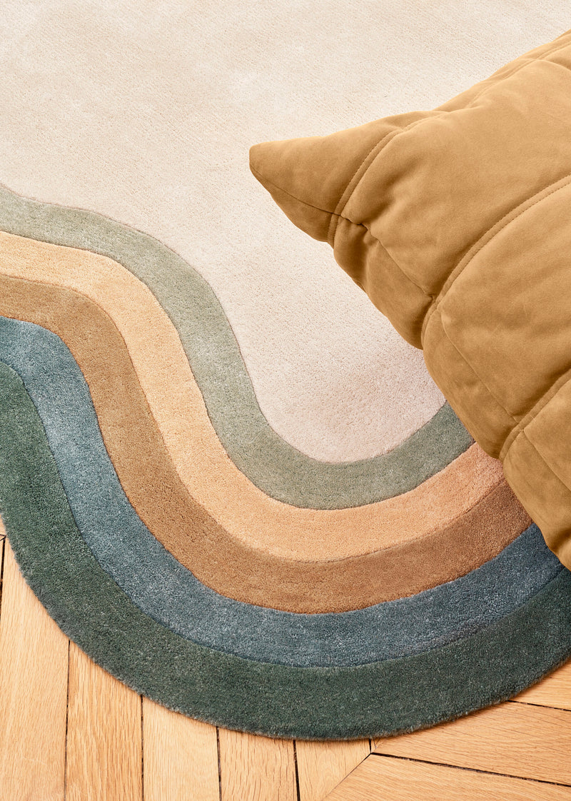 Frago Organic Wavy Border Rug | Blue, Mustard & Ivory Modern Area Rug