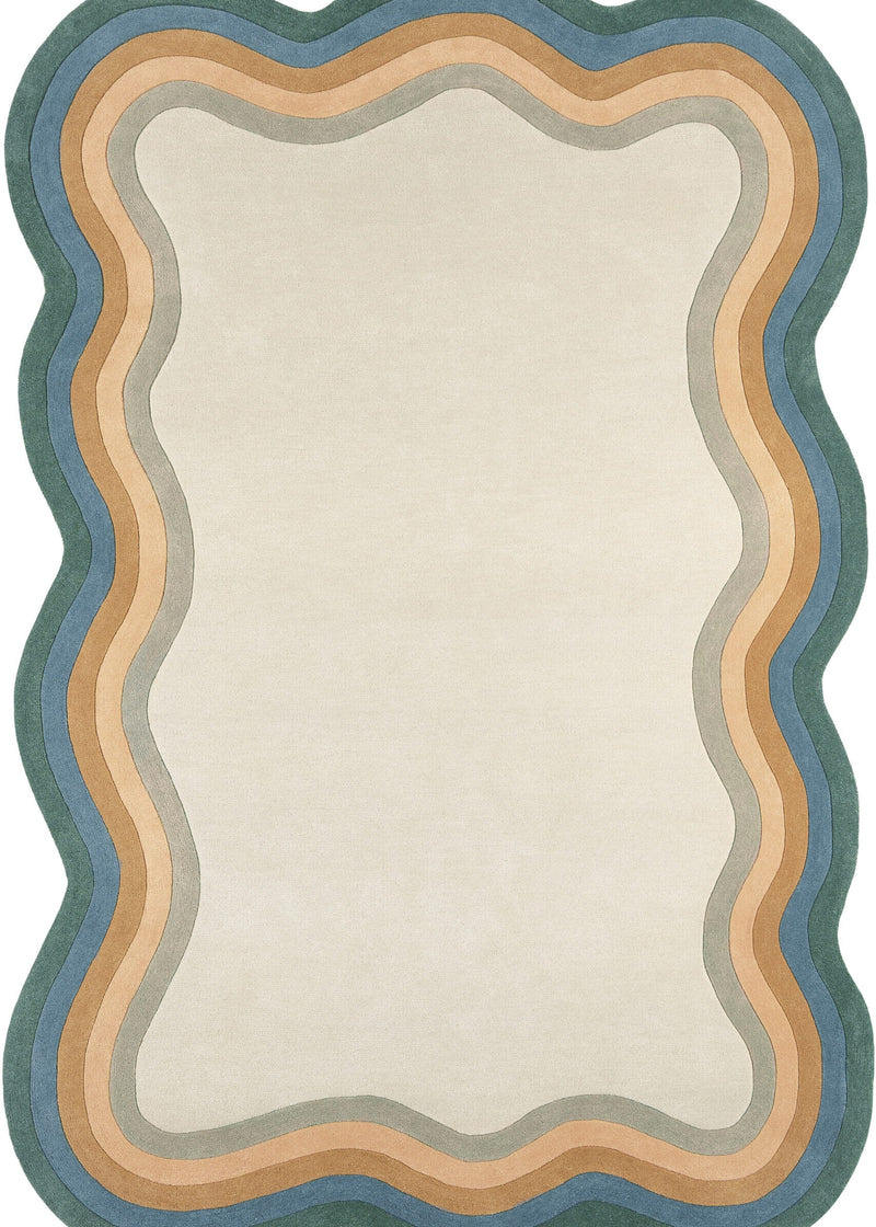 Frago Organic Wavy Border Rug | Blue, Mustard & Ivory Modern Area Rug