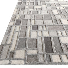 Grey Box Hand-Tufted Wool Rug | Geometric Block Pattern Modern Area Rug in Grey & Ivory