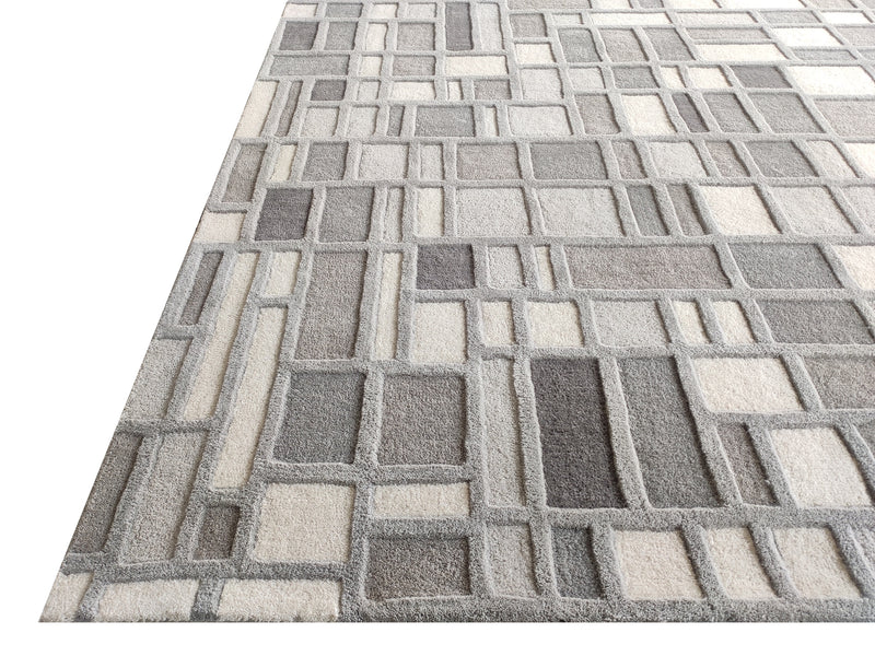 Grey Box Hand-Tufted Wool Rug | Geometric Block Pattern Modern Area Rug in Grey & Ivory