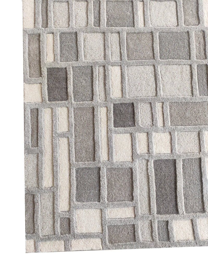 Grey Box Hand-Tufted Wool Rug | Geometric Block Pattern Modern Area Rug in Grey & Ivory