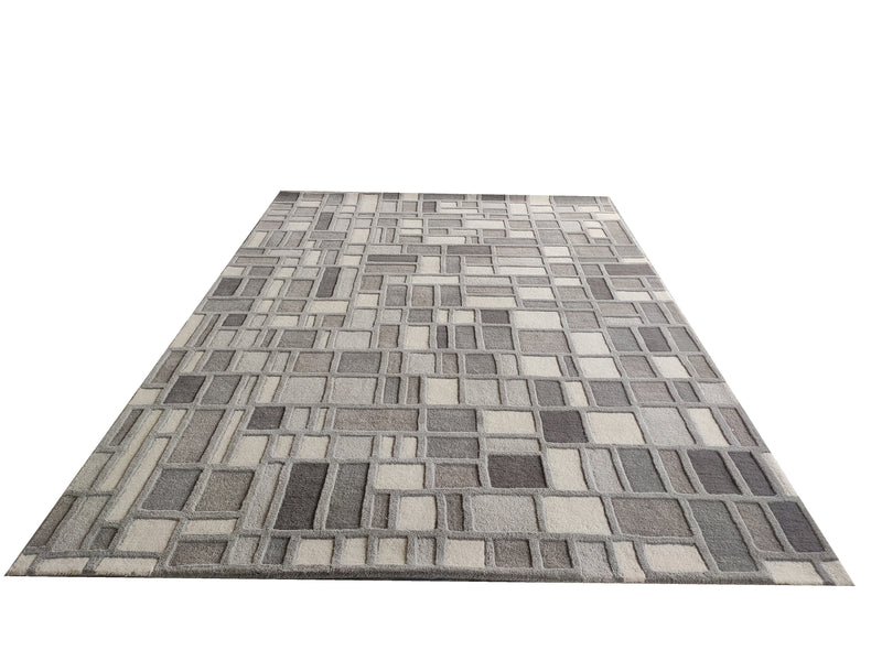 Grey Box Hand-Tufted Wool Rug | Geometric Block Pattern Modern Area Rug in Grey & Ivory