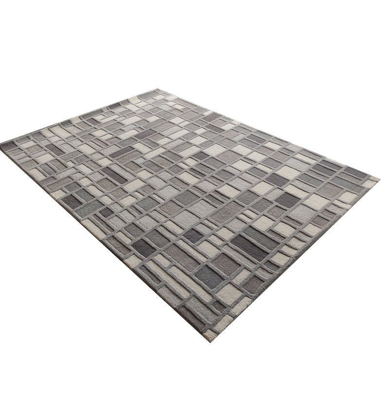 Grey Box Hand-Tufted Wool Rug | Geometric Block Pattern Modern Area Rug in Grey & Ivory
