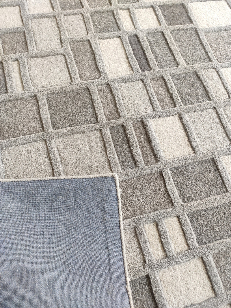 Grey Box Hand-Tufted Wool Rug | Geometric Block Pattern Modern Area Rug in Grey & Ivory