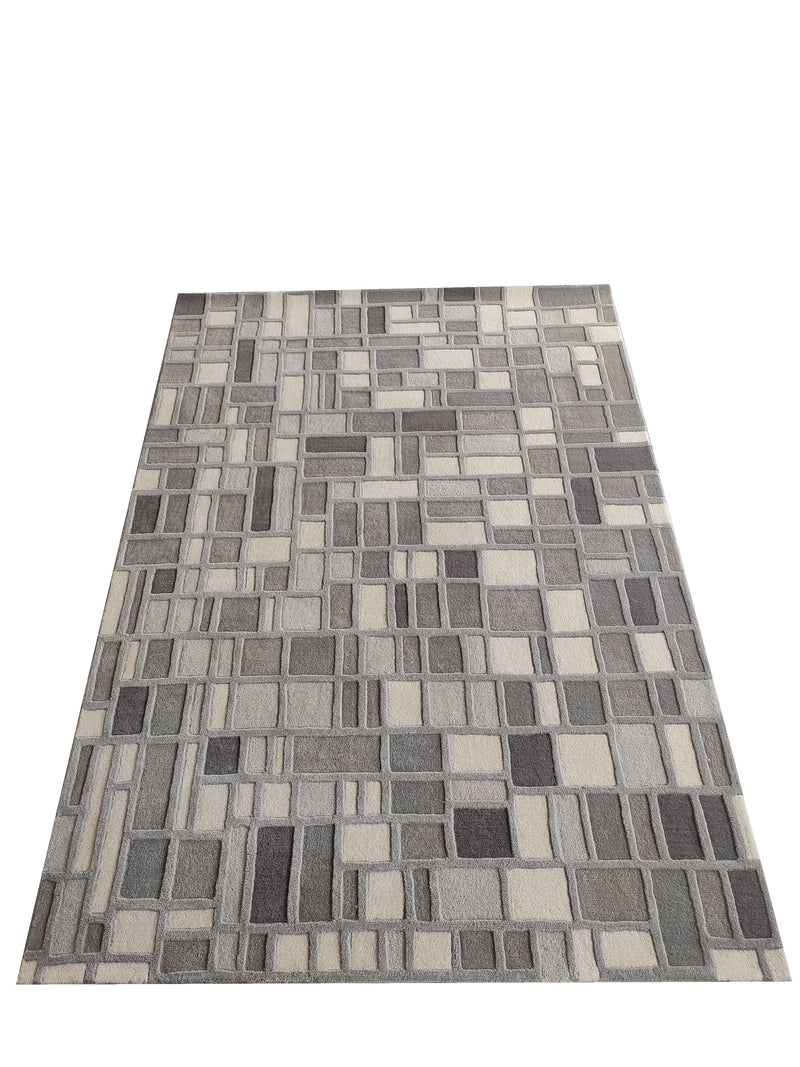 Grey Box Hand-Tufted Wool Rug | Geometric Block Pattern Modern Area Rug in Grey & Ivory