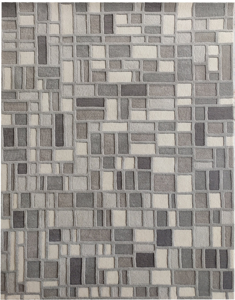 Grey Box Hand-Tufted Wool Rug | Geometric Block Pattern Modern Area Rug in Grey & Ivory