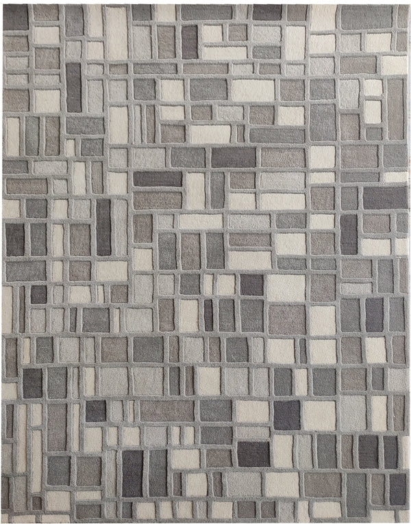 Grey Box Hand-Tufted Wool Rug | Geometric Block Pattern Modern Area Rug in Grey & Ivory