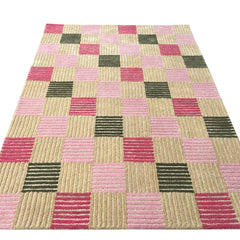 Blush Checkered Hand-Tufted Wool Rug | Pink & Taupe Striped Geometric Modern Area Rug