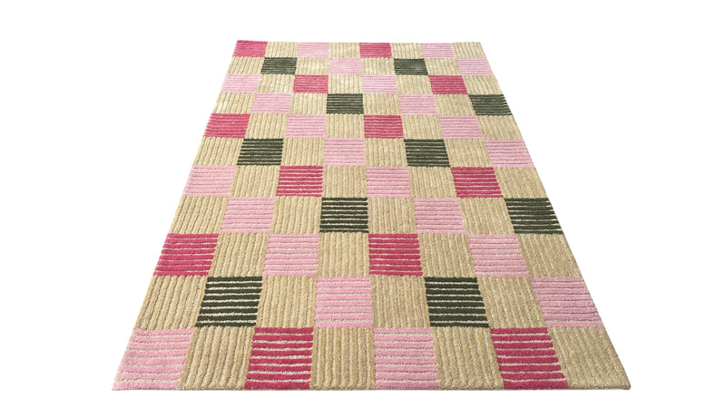 Blush Checkered Hand-Tufted Wool Rug | Pink & Taupe Striped Geometric Modern Area Rug