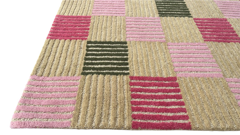 Blush Checkered Hand-Tufted Wool Rug | Pink & Taupe Striped Geometric Modern Area Rug