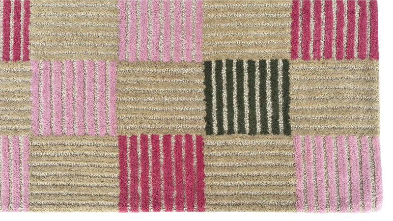Blush Checkered Hand-Tufted Wool Rug | Pink & Taupe Striped Geometric Modern Area Rug