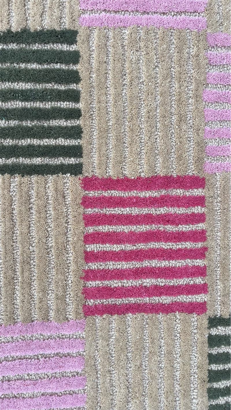 Blush Checkered Hand-Tufted Wool Rug | Pink & Taupe Striped Geometric Modern Area Rug