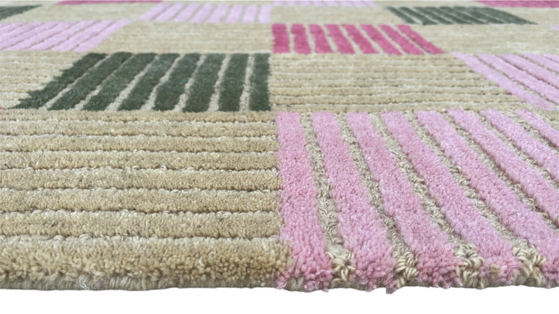 Blush Checkered Hand-Tufted Wool Rug | Pink & Taupe Striped Geometric Modern Area Rug