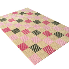 Blush Checkered Hand-Tufted Wool Rug | Pink & Taupe Striped Geometric Modern Area Rug