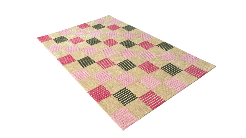 Blush Checkered Hand-Tufted Wool Rug | Pink & Taupe Striped Geometric Modern Area Rug