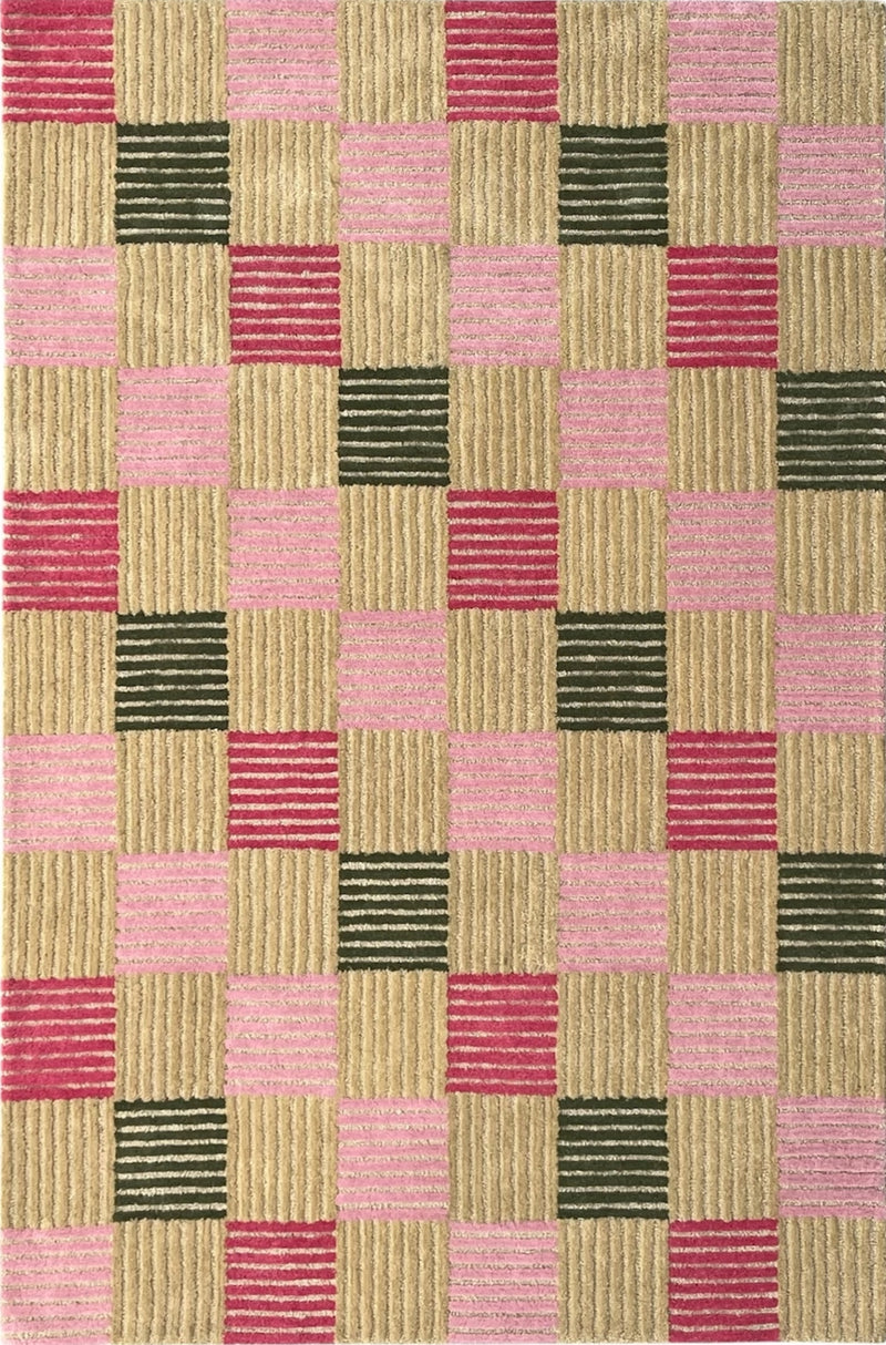 Blush Checkered Hand-Tufted Wool Rug | Pink & Taupe Striped Geometric Modern Area Rug