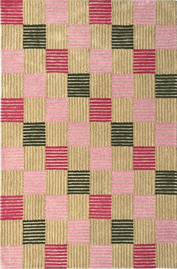 Blush Checkered Hand-Tufted Wool Rug | Pink & Taupe Striped Geometric Modern Area Rug