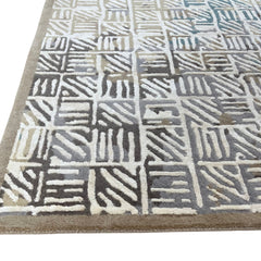 Geometric Grid Hand-Knotted Wool Rug | Modern Blue & Ivory Area Rug