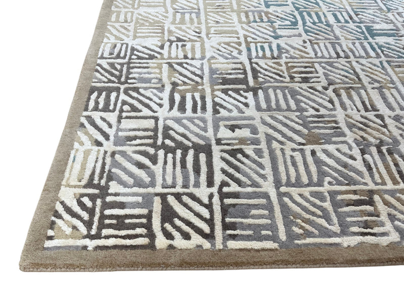 Geometric Grid Hand-Knotted Wool Rug | Modern Blue & Ivory Area Rug
