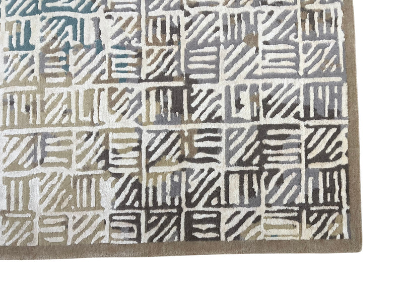 Geometric Grid Hand-Knotted Wool Rug | Modern Blue & Ivory Area Rug