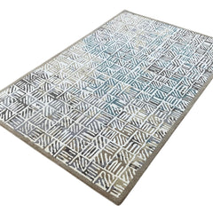 Geometric Grid Hand-Knotted Wool Rug | Modern Blue & Ivory Area Rug