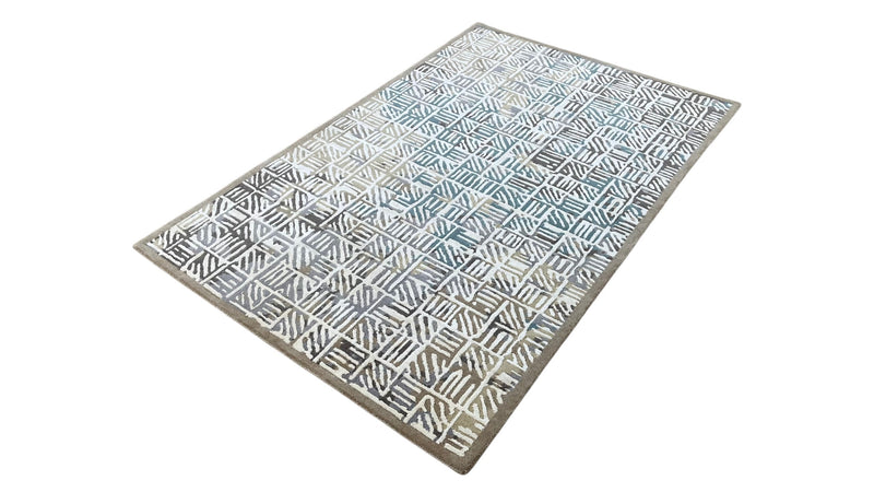 Geometric Grid Hand-Knotted Wool Rug | Modern Blue & Ivory Area Rug