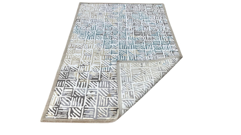 Geometric Grid Hand-Knotted Wool Rug | Modern Blue & Ivory Area Rug