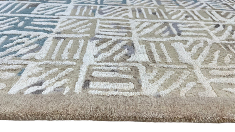 Geometric Grid Hand-Knotted Wool Rug | Modern Blue & Ivory Area Rug