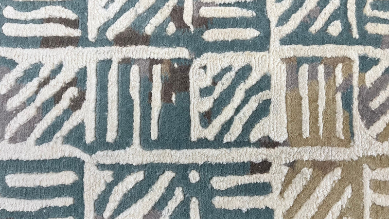 Geometric Grid Hand-Knotted Wool Rug | Modern Blue & Ivory Area Rug