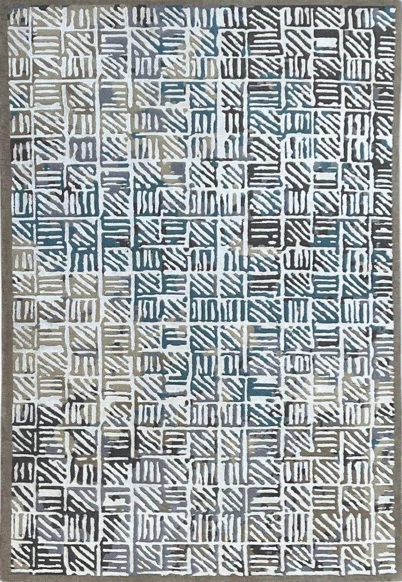 Geometric Grid Hand-Knotted Wool Rug | Modern Blue & Ivory Area Rug