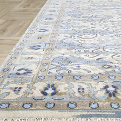 Transitional Ikat Floral Hand-Knotted Wool Rug – Slate Blue / Cream Area Rug