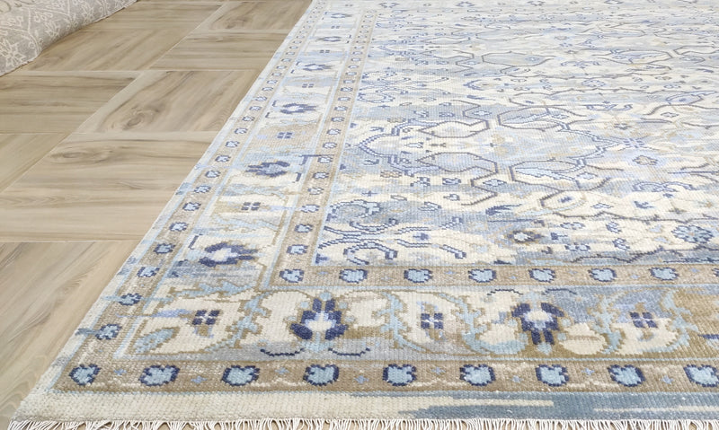 Transitional Ikat Floral Hand-Knotted Wool Rug – Slate Blue / Cream Area Rug