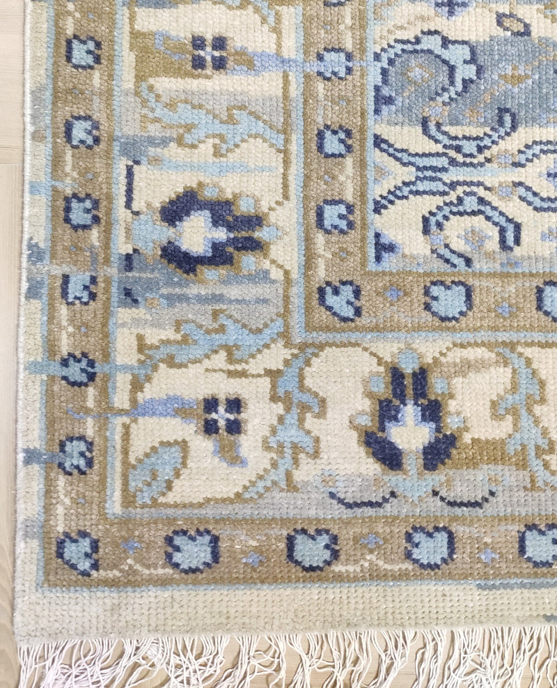 Transitional Ikat Floral Hand-Knotted Wool Rug – Slate Blue / Cream Area Rug