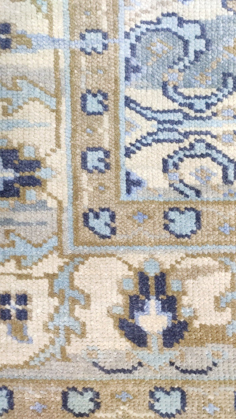 Transitional Ikat Floral Hand-Knotted Wool Rug – Slate Blue / Cream Area Rug