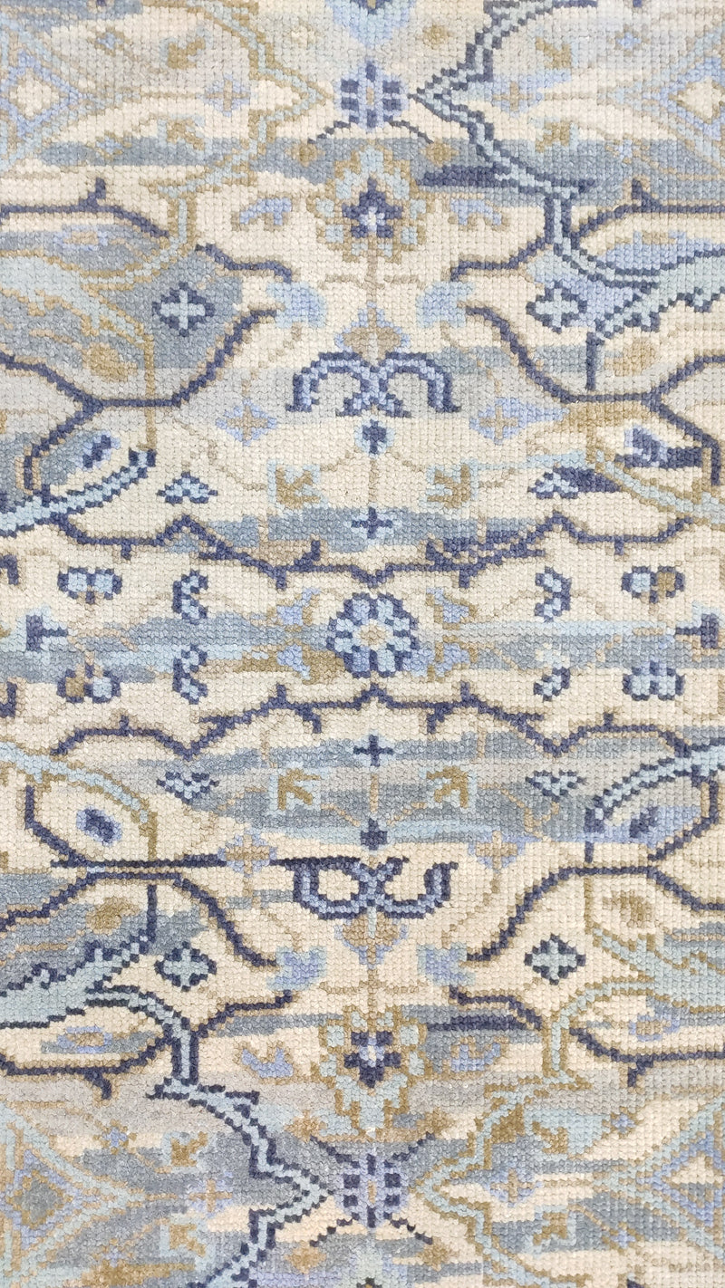 Transitional Ikat Floral Hand-Knotted Wool Rug – Slate Blue / Cream Area Rug