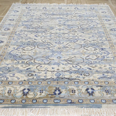Transitional Ikat Floral Hand-Knotted Wool Rug – Slate Blue / Cream Area Rug