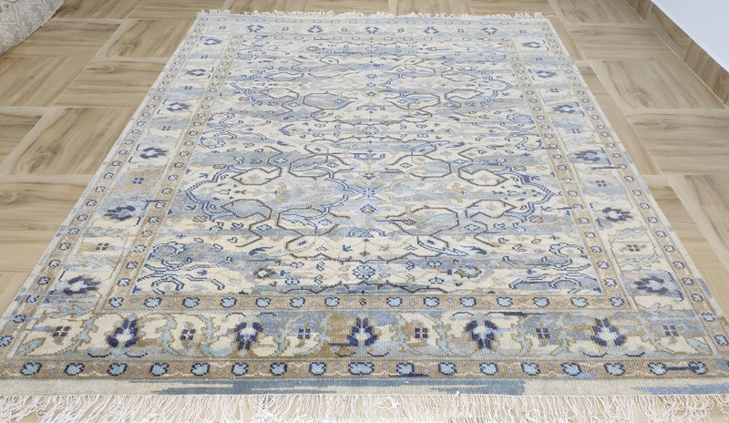 Transitional Ikat Floral Hand-Knotted Wool Rug – Slate Blue / Cream Area Rug