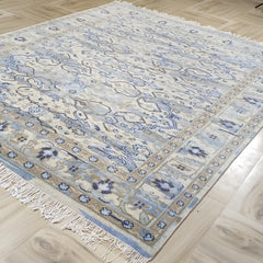 Transitional Ikat Floral Hand-Knotted Wool Rug – Slate Blue / Cream Area Rug