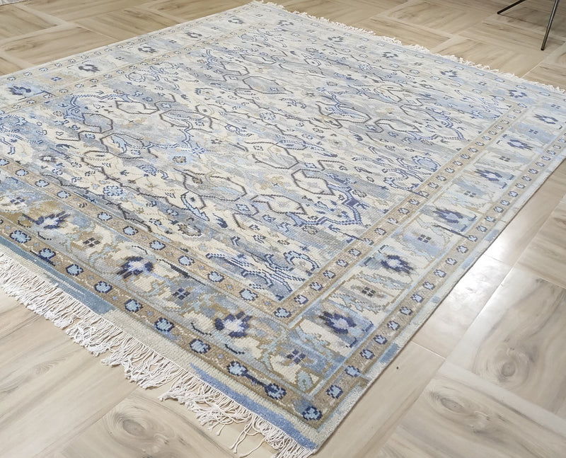 Transitional Ikat Floral Hand-Knotted Wool Rug – Slate Blue / Cream Area Rug