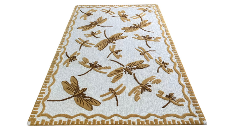 Golden Dragonfly Hand Tufted Wool Rug | Botanical Vintage-Inspired Area Rug