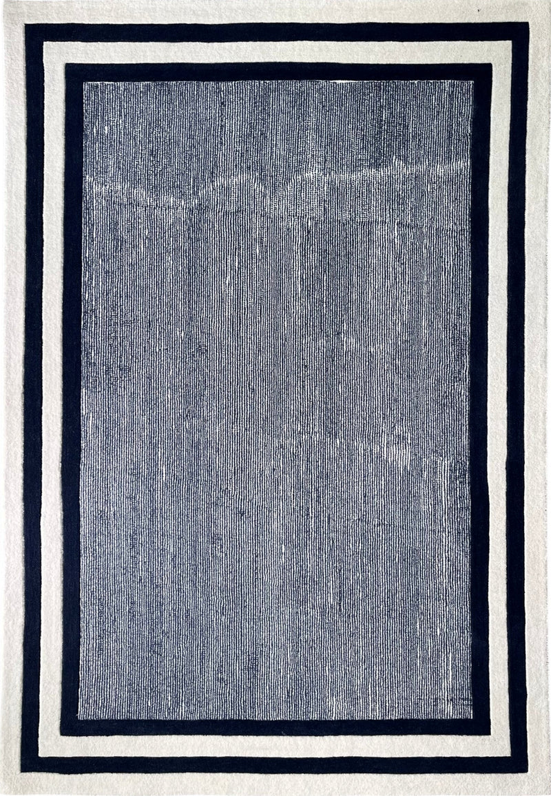 Double Framed Border Ribbed Hand Tufted Wool Rug Deep Navy Blue Ivory