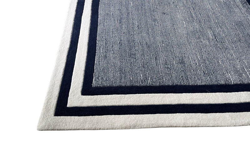 Double Framed Border Ribbed Hand Tufted Wool Rug Deep Navy Blue Ivory