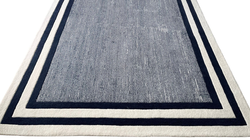 Double Framed Border Ribbed Hand Tufted Wool Rug Deep Navy Blue Ivory