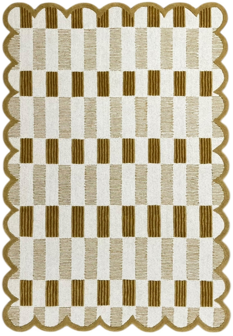 Matilda Hand-Tufted Ivory & Beige Plaid Wool Rug with Scalloped Edge
