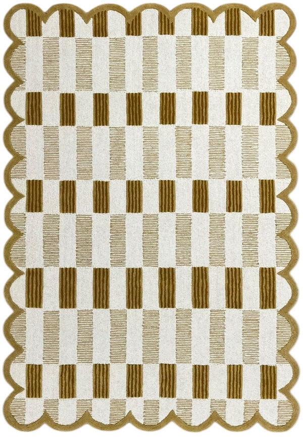 Matilda Hand-Tufted Ivory & Beige Plaid Wool Rug with Scalloped Edge