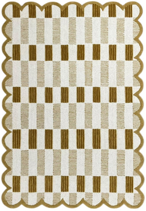 Ivory & Beige Plaid Wool Rug with Scalloped Edge