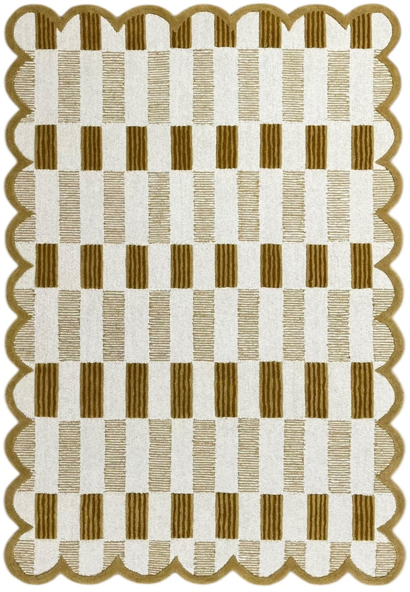 Ivory and beige check plaid wool rug with scalloped border