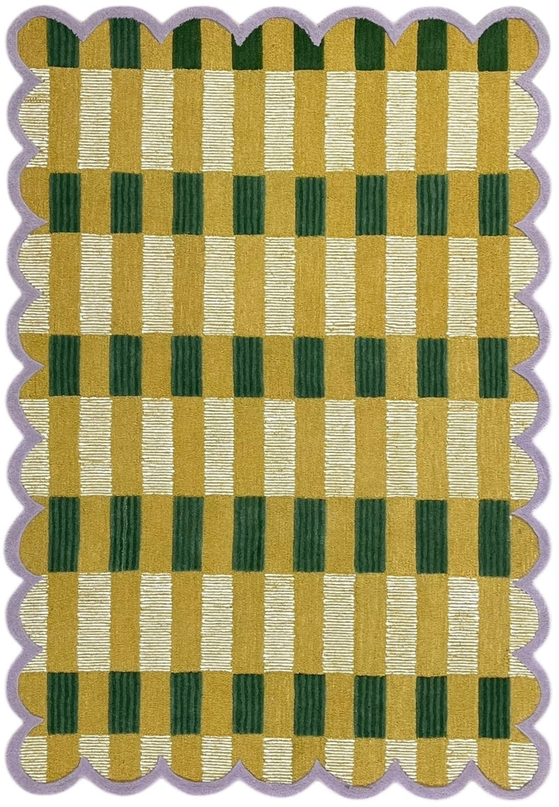 Matilda Hand-Tufted Gold Plaid Wool Rug with Scalloped Edge